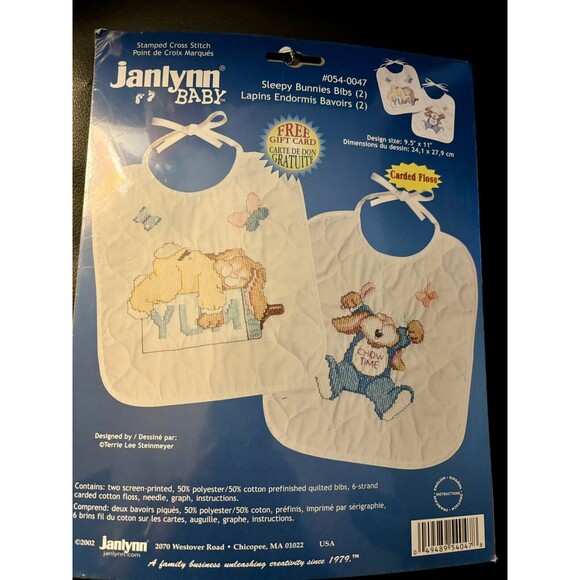 1997 Janlynn Printed Cross Stitch Set of 2 Bibs #54-47 Sleepy Bunnies Bibs  New - Picture 1 of 5